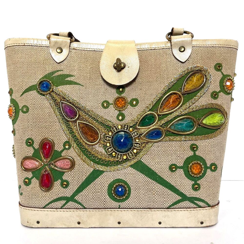 Enid Collins of Texas Vintage Road Runner Canvas & Wooden Box Bejeweled Bag